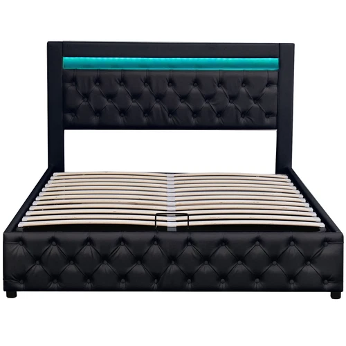 LED Light Functional Upholstered Bed with Slatted Frame and Storage Space - Picture 17 of 26
