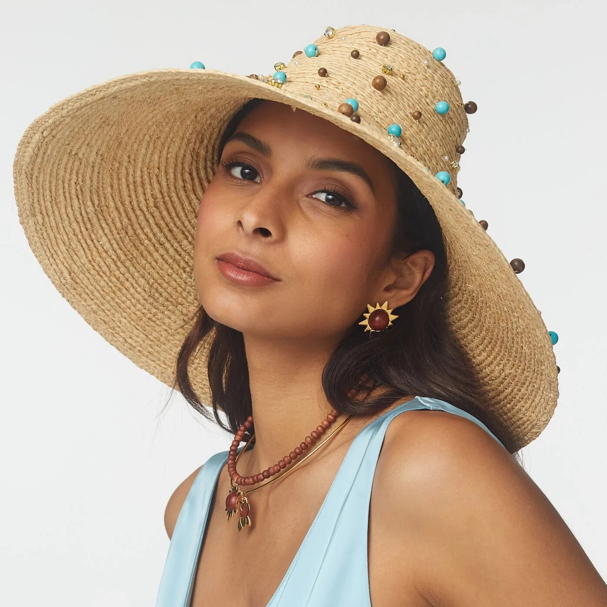 NWD Lele Sadoughi Turquoise Embellished Straw Sun Hat 