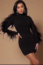Fashion Nova Anais Mini Dress Feather Trim Stretch Black Small nwt