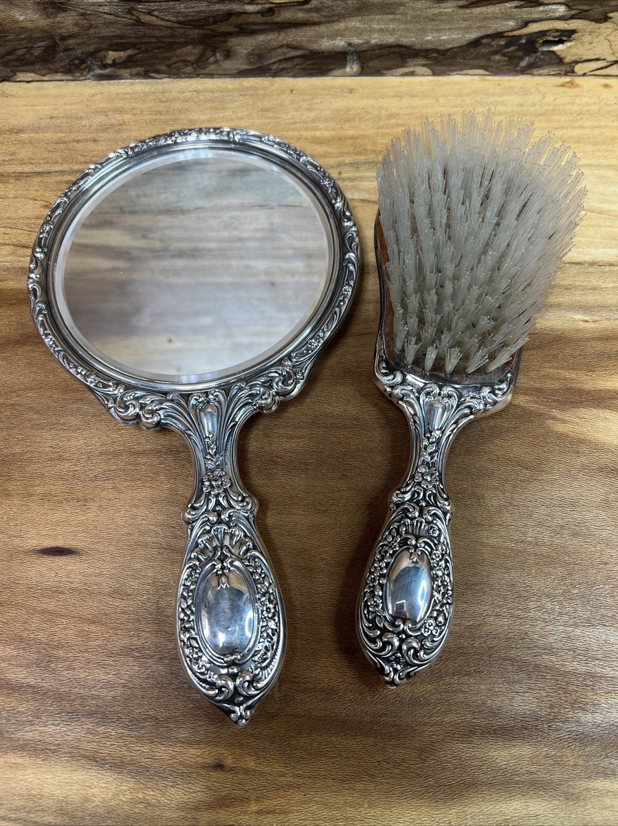 Stunning Antique Gorham Repousse Sterling Silver Vanity Set Mirror