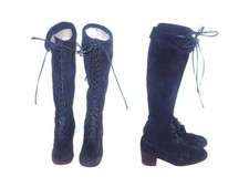VTG Made Italy Blue Laced Up Chunky High Heel Twiggy Granny Mod Suede Boots 6B