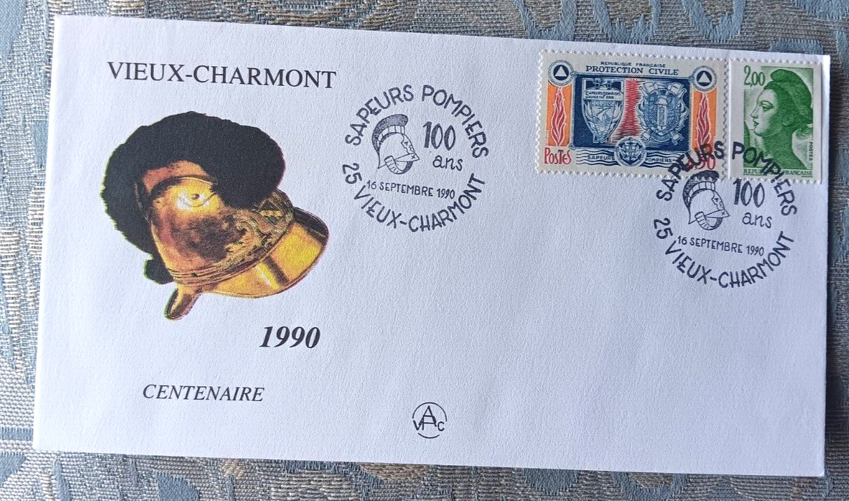 FIREFIGHTIERS CENTENARY VIEUX-CHARMONT 1990 HELMET CACHET COVER UNADDR
