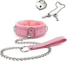 Pu leather choker collar with leash and Lock adjustable size for women pink