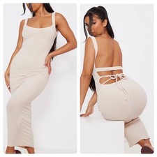 Nwt Pretty Little Thing Nude Stone Rib Lace Back Scoop Neck Maxi Dress Sz 10