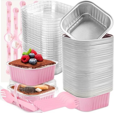 50 Pack Mini Cake Pans with Lids and Spoons Small Aluminum Foil Pans Square B...