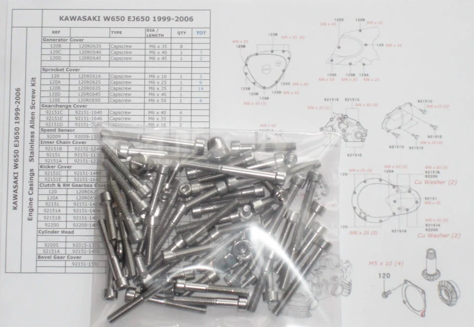Kit de tuercas Allen de acero inoxidable cubiertas de motor Kawasaki W650 W800 EJ650 EJ800 Foto 2 de 4