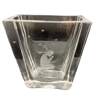 Bengt Edenfalk Skruf Etched Crystal 4'' Vase Girl Praying Stars Sweden Signed