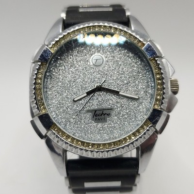 Techno Pave Mens Watch Silver Dial 45mm New Battery