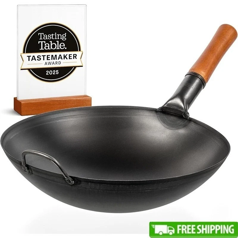 14in Pre-Seasoned Carbon Steel Wok Round Bottom Non-Toxic Cooking Pan BBQ New
