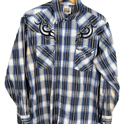 Ely Cattleman Mens Blue Plaid Western Snap Shirt Tribal Embroidery Large 1520390