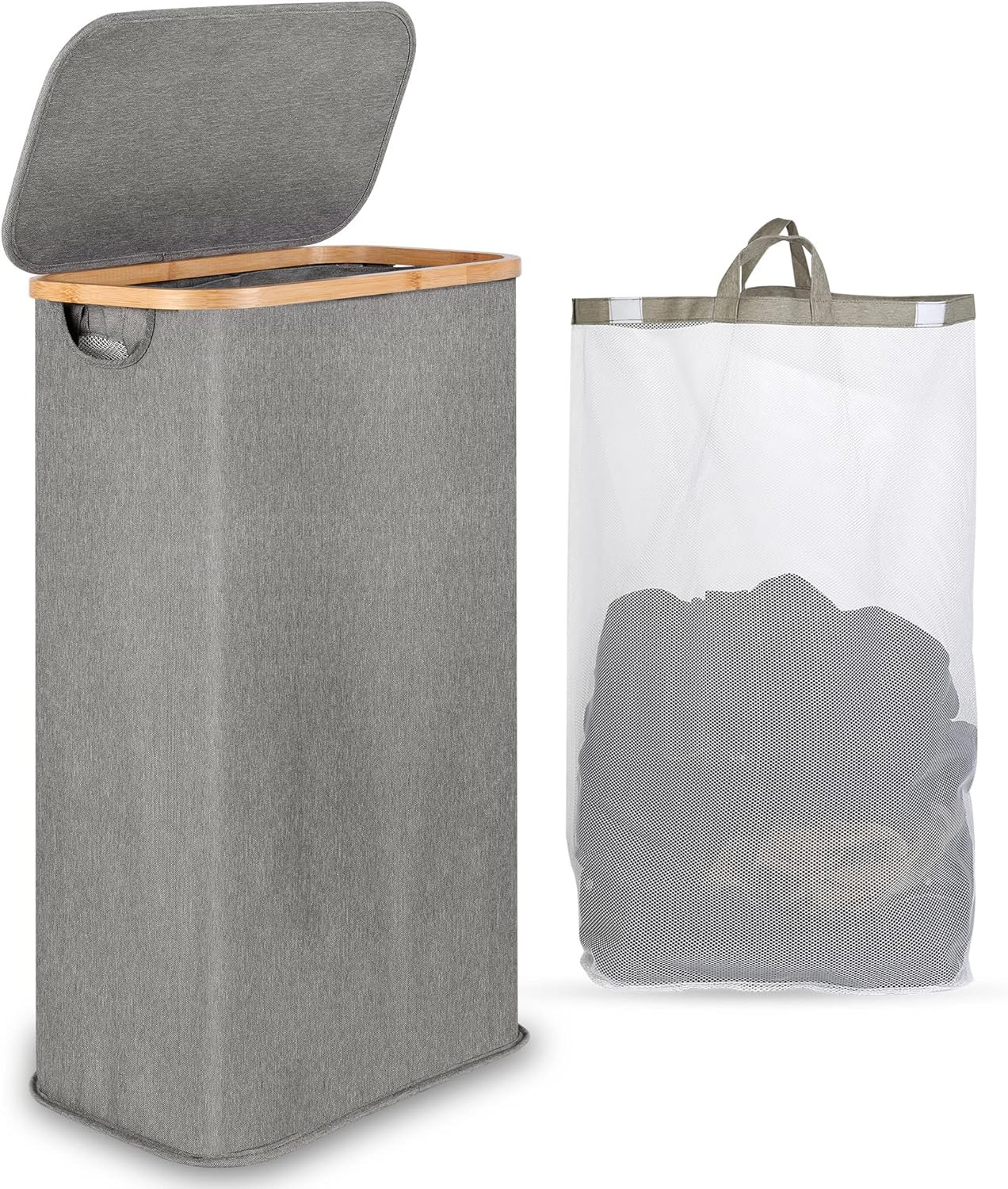 Cesto Portabiancheria Slim 60L Oxford & Bambù - Qualità Superiore