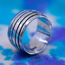 Size 10, vintage Sterling 925 silver handmade ribbed ring, wide ribbed band