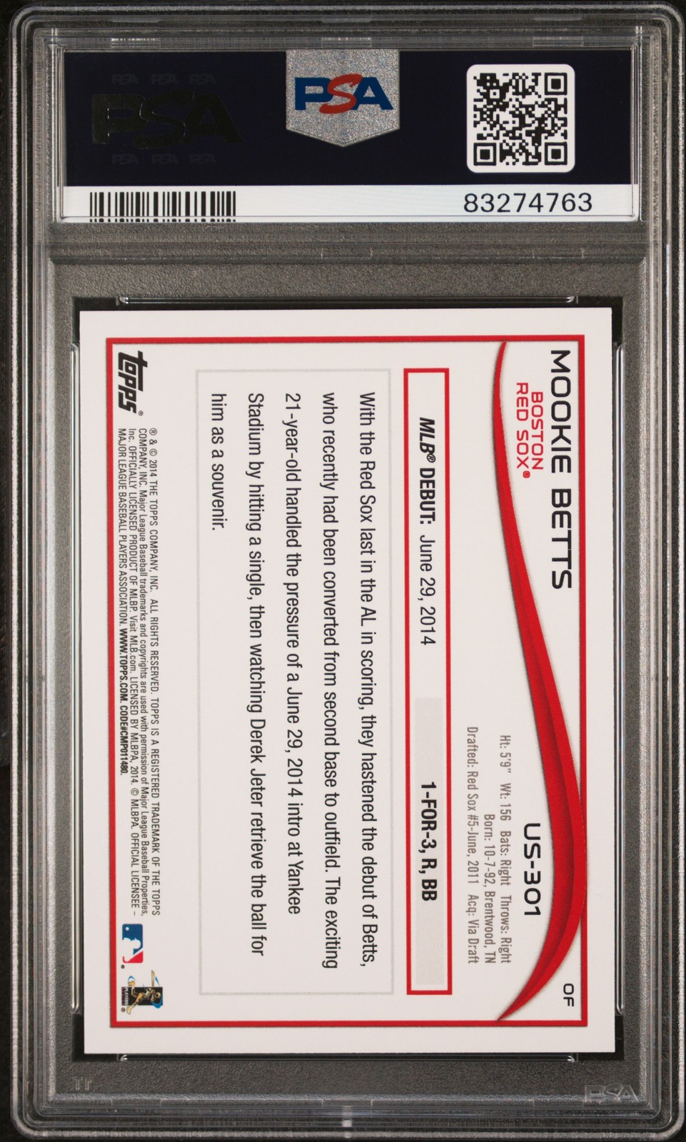 2014 Topps Update Mookie Betts #US301 PSA 10 view 2