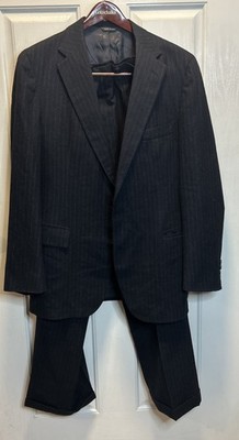 VTG Marvin Brown Bespoke Handmade Wool Suit 40L Charcoal Pinstripe 2 Piece Nice