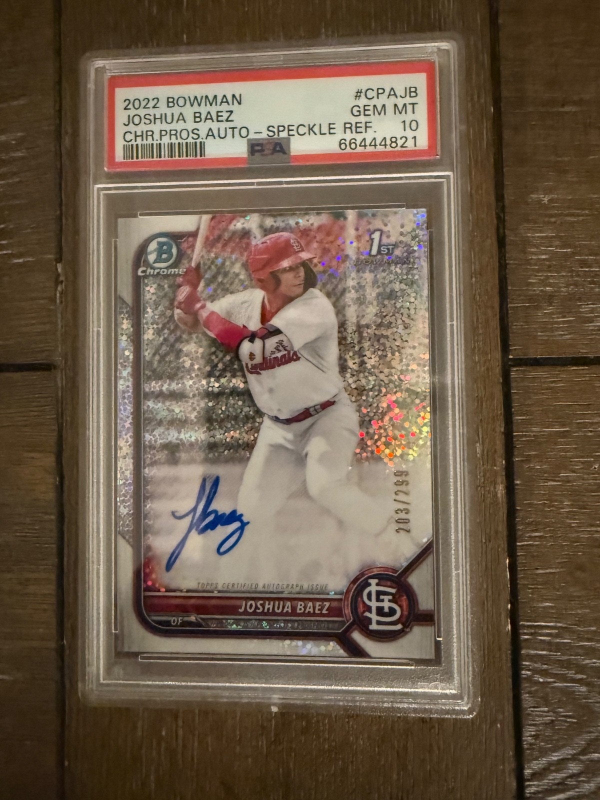 2022 Bowman Joshua Baez Chrome Prospect Auto Speckle Refractor #203/299 PSA 10