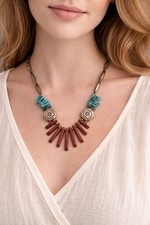 Southwestern Style Turquoise Chip Brown Stone Statement Necklace Silver Tone