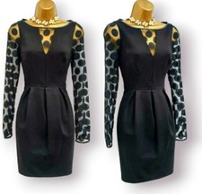 Karen Millen Black Spot Lace Faux Leather Trim Occasion Evening Dress UK 10