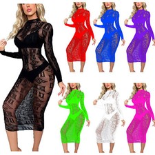 Womens Sheer Mesh Bodycon Dress See-through Long Sleeve Dress Nightwear Clubwear