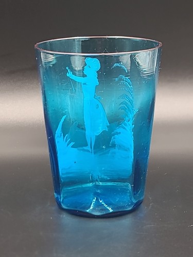 BICCHIERE VINTAGE DIPINTO A MANO MARY GREGORY BLU con bambina - Foto 4 di 7
