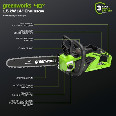 Greenworks 40V 14" Cordless Chainsaw Kit – With 4.0Ah Battery & Charger - View #4