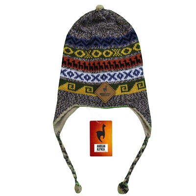 HANDMADE ANDEAN ALPACA SALMON REVERSIBLE BEIGE HAT WITH EAR FLAPS
