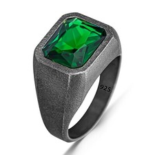 925 Sterling Silver Basic Oxidized Rectangle Green Zircon Stone Men Ring