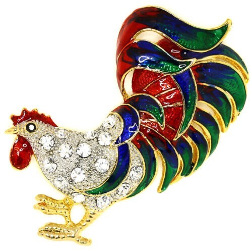Neuf Coloré Coq Poulet Transparent Scintillant Cristaux Broche - Photo 1 sur 1