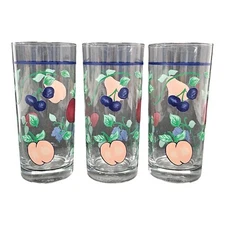 Vintage Anchor Hocking Fruit Pattern Tall Ice Tea Drinking Glasses Lot of 3