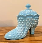 Fenton White and Blue Slag Glass Hobnail Slipper with Matching Lid Vintage