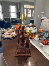 Vintage Well Water Pump & Water Barrell Brown Ceramic Lamp approx. 24”