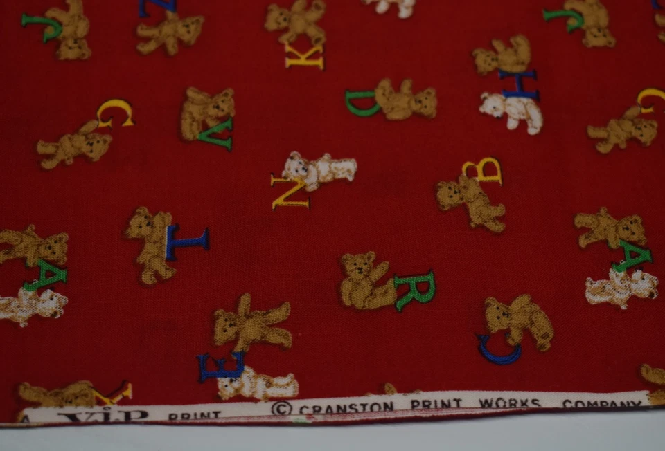 VIP Cranston Print Works RED FABRIC teddy bears ALPHABET abc  46" x 43" - Image 3 of 4