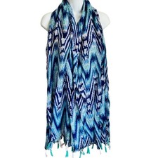 Blue Teal White Sheer Tasseled Zig Zag Geometric Scarf 40" x 72" Rectangular