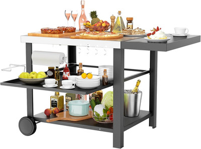 Outdoor Kitchen Island, Grill Cart with Drawer, Pizza Oven Stand, Movable 3-Shel