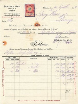 Old Invoice - Sigm Mich Back Olomouc 1913 Austria-Hungary
