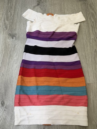 Herve Leger Women’s Off-Shoulder Knit Striped Bodycon Knee Dress Size S