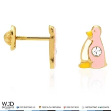 14K Yellow Gold Pink Enamel & Zircon Penguin Screw Back Stud Kids Earrings