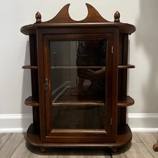 Vintage Curio Display Cabinet Wood Shelves Glass Door Wall Hanging or Standing