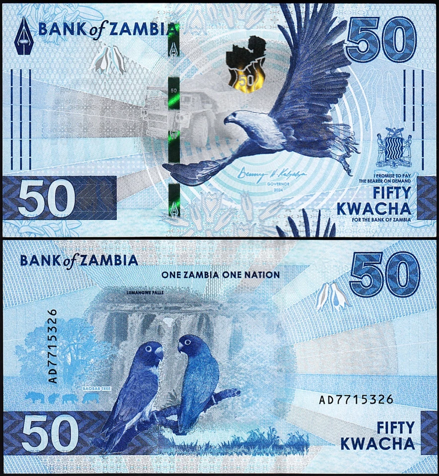 Zambia 50 Kwacha 2024 2025, UNC, 5 Pcs LOT, P-64, New Design, BIRDS - Image 2 of 4