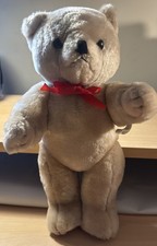 Vintage 12" Teddy Bear Red Bow Posable Soft Cuddly Stuffed Animal Beige Plush