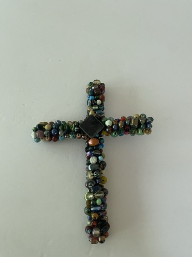 Vibrant Beaded Cross Wall Decor Multi Colored Glass Beads 8 Inches Long