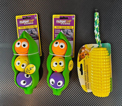 Lot of 3 Multipet Squeakables Peas in a Pod & Corn Shaped Dog Toothbrush Toys