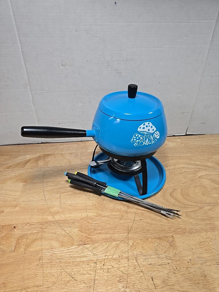 1970's Fondue Pot, Mid Century Modern Fondue Rare Mushrooms Design Blue lot - Image 2 of 4
