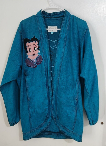 Vtg Teresa Corn blue Stonewashed betty boop Sz Small Coat Jacket Cardigan art - Picture 4 of 13