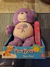2002 New Care Bears Share Bear w/ VHS Cartoon Video Purple Bear New Play Along