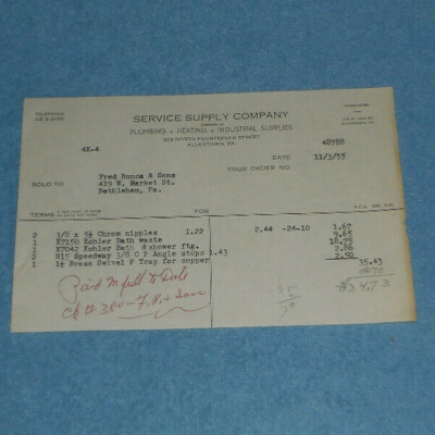 1955 Service Supply Company Plumbing Heating Industrial Billhead Allentown PA