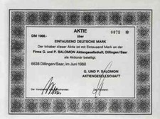 G + P SALOMON Dillingen Saar Metro Saarbr&uuml;cken 1988 RARE 1000 DM Aktie