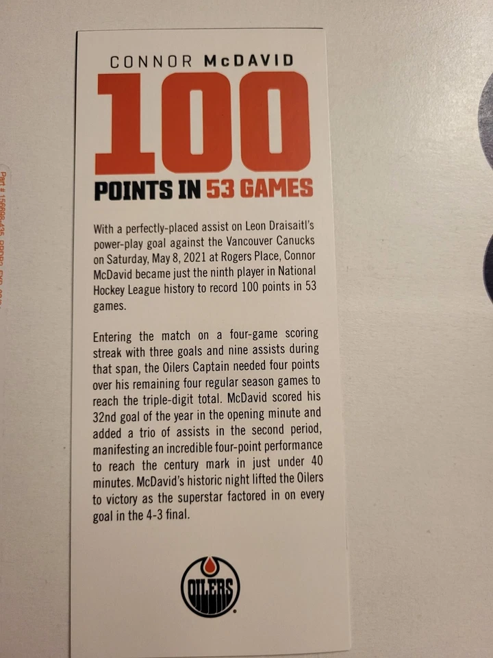 CONNOR MCDAVID EMONTON OILERS 100 POINTS IN 53 GAMES NHL COMMERATIVE TICKET - Image 2 of 3
