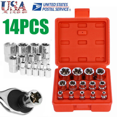 14PCS E Torx Star Female Bit Socket Set 1/2'' 3/8'' 1/4'' Dr with Red Case E4-E24