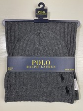Polo Ralph Lauren Pony Men  s Gray Wool Scarf  Beanie Cap 2 Piece Set New OSFM
