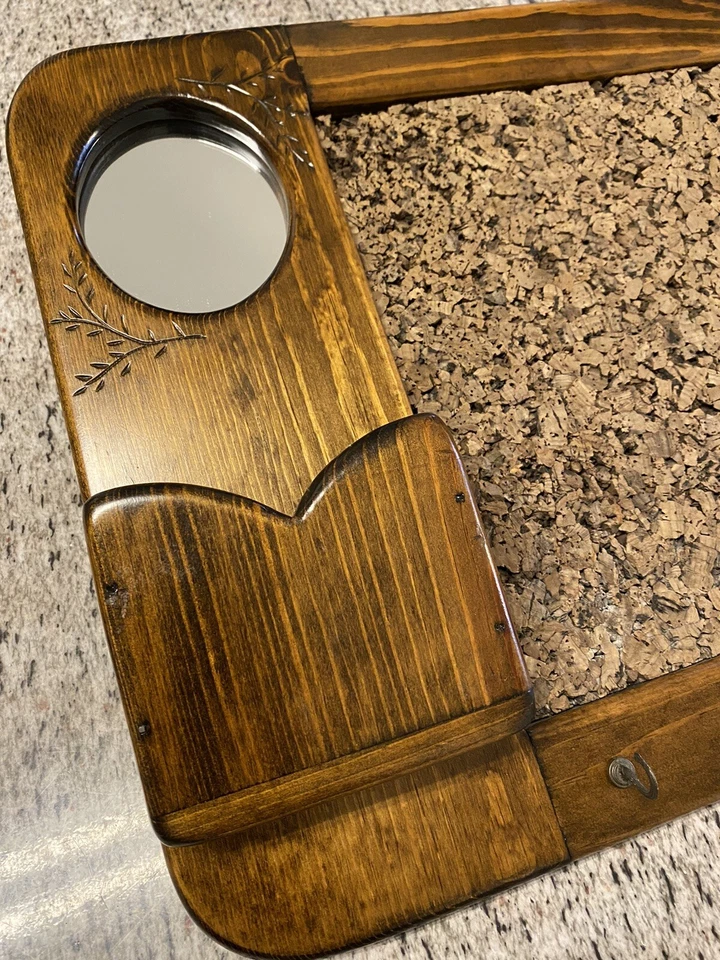 Antique Wood Display Board w/ Cork Board Mirror Hooks Storage Mail Bin - Image 2 of 4